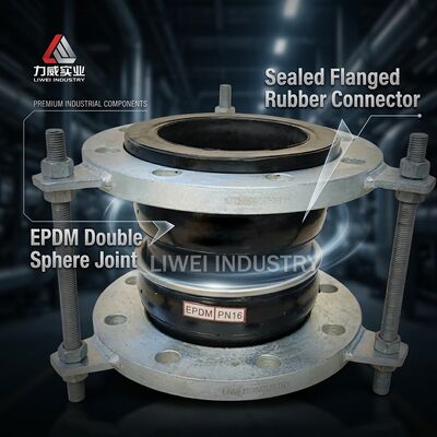 Junta de goma flexible de doble esfera con cuerpo de EPDM, diseñada con extremos bridados que garantizan el sellado y la flexibilidad en sistemas de transporte de fluidos
